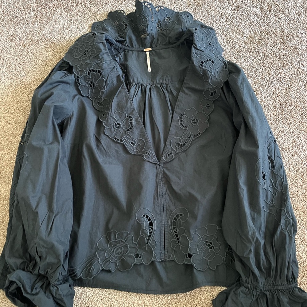 Free People Black Floral Embroidered Blouse